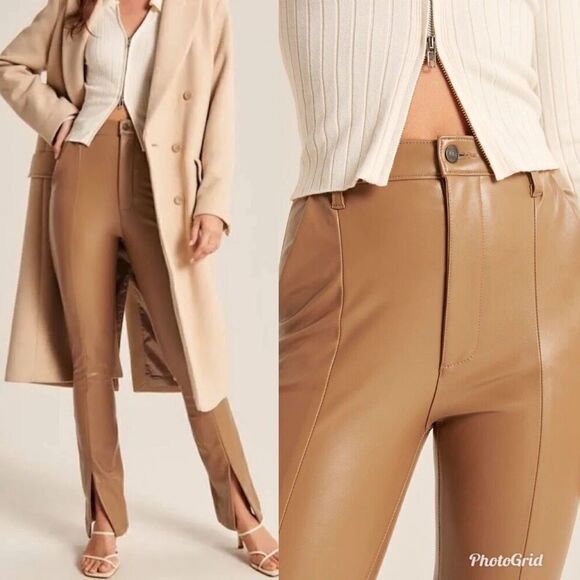 Abercrombie & Fitch Skinny Ultra High Rise Vegan Leather Split Hem Pants Tan - Picture 3 of 10